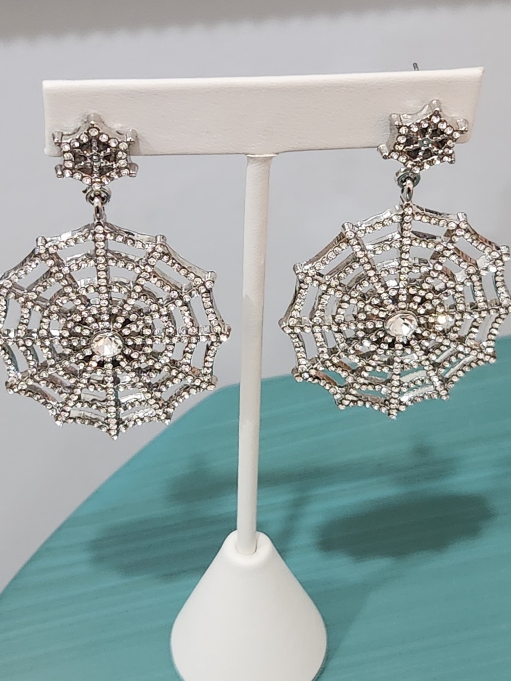 Natasha Spide Web Crystal Pave Silver Tone Earrings Halloween Statement Piece
